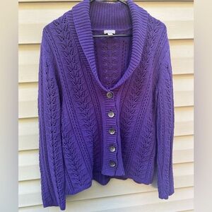 VTG J Jill size L cotton cable knit collared pointelle sweater Y2K purple fall